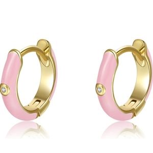 Little Light Pink Gold Hinged Hoops Enamel Hoop Earrings Rhinestone Crystal New
